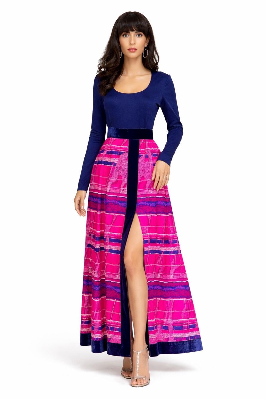 1970s OOAK Navy Pink Velvet Trim Maxi Dress High Slit Size XXS